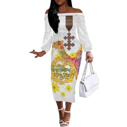 Melkam Enkutatash Eritrean Off The Shoulder Long Sleeve Dress Camel With Habesha Tilet Pattern - African Pride