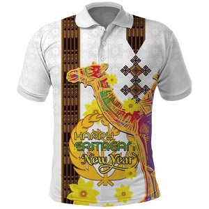 Melkam Enkutatash Eritrean Polo Shirt Camel With Habesha Tilet Pattern - African Pride