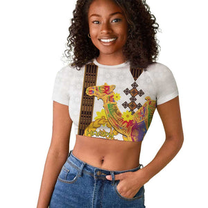 Melkam Enkutatash Eritrean Raglan Cropped T shirt Camel With Habesha Tilet Pattern - African Pride