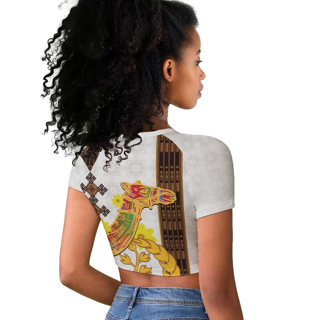 Melkam Enkutatash Eritrean Raglan Cropped T shirt Camel With Habesha Tilet Pattern - African Pride