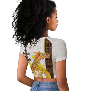 Melkam Enkutatash Eritrean Raglan Cropped T shirt Camel With Habesha Tilet Pattern - African Pride
