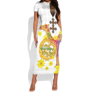 Melkam Enkutatash Eritrean Short Sleeve Bodycon Dress Camel With Habesha Tilet Pattern - African Pride