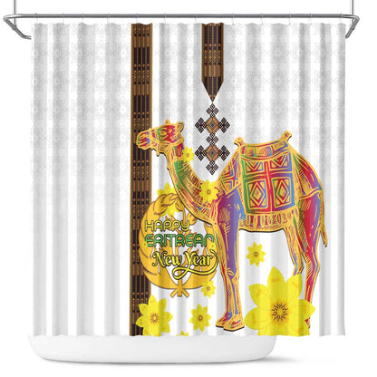 Melkam Enkutatash Eritrean Shower Curtain Camel With Habesha Tilet Pattern - African Pride