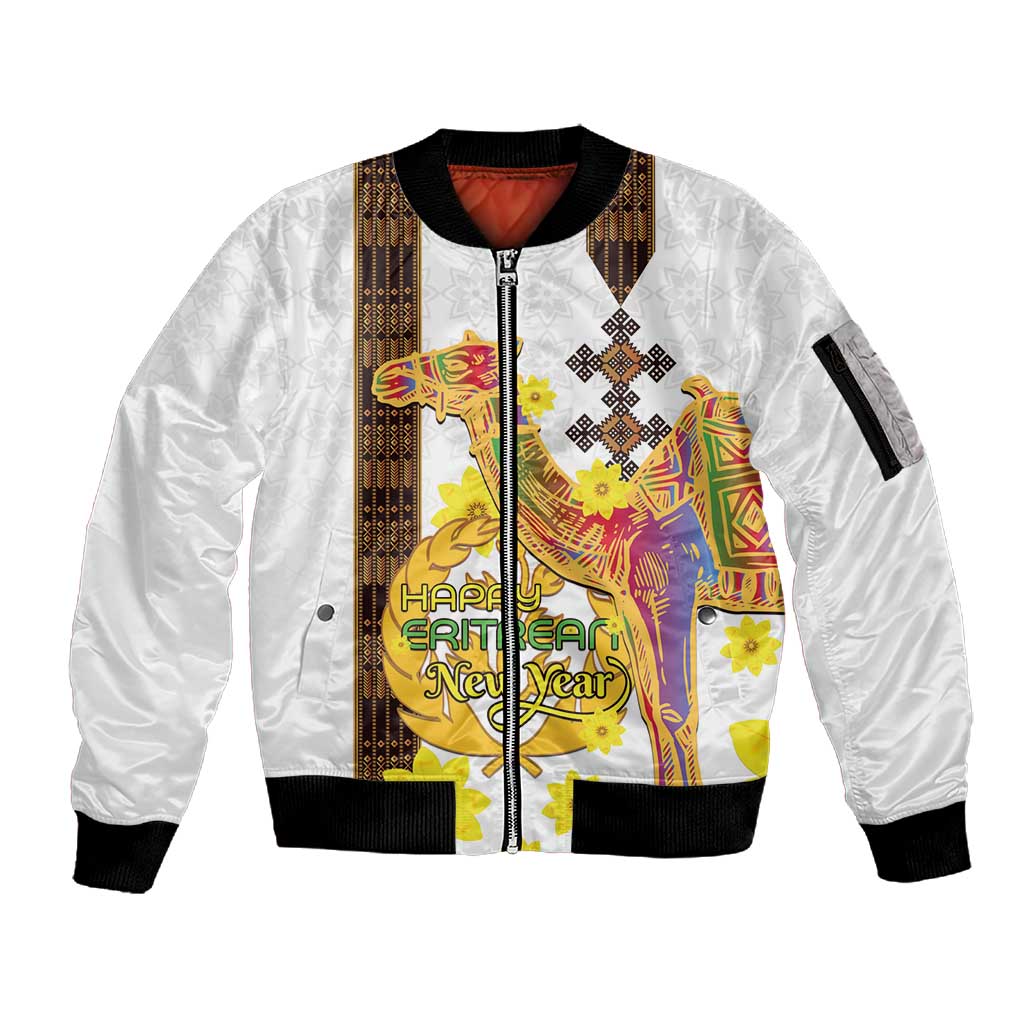 Melkam Enkutatash Eritrean Sleeve Zip Bomber Jacket Camel With Habesha Tilet Pattern - African Pride