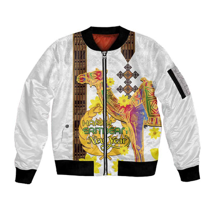 Melkam Enkutatash Eritrean Sleeve Zip Bomber Jacket Camel With Habesha Tilet Pattern - African Pride