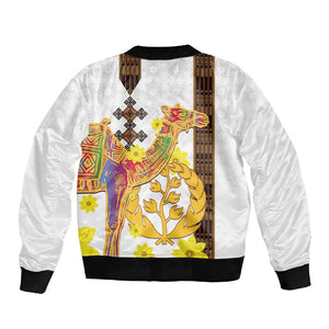 Melkam Enkutatash Eritrean Sleeve Zip Bomber Jacket Camel With Habesha Tilet Pattern - African Pride