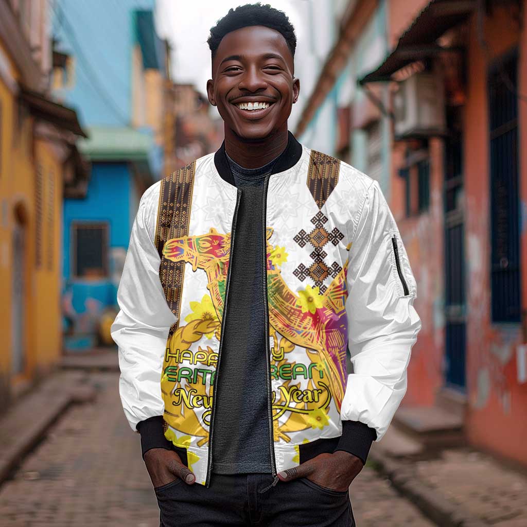 Melkam Enkutatash Eritrean Sleeve Zip Bomber Jacket Camel With Habesha Tilet Pattern - African Pride