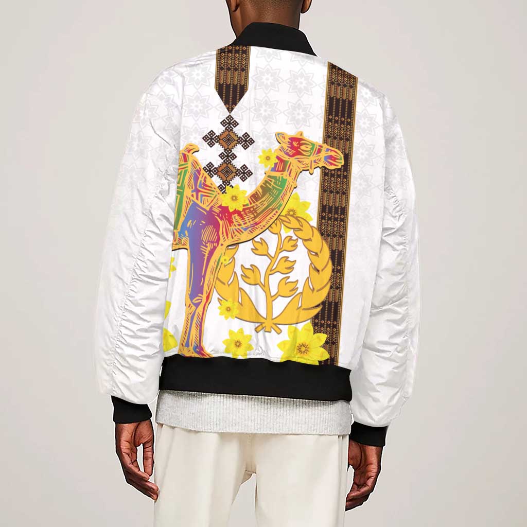 Melkam Enkutatash Eritrean Sleeve Zip Bomber Jacket Camel With Habesha Tilet Pattern - African Pride