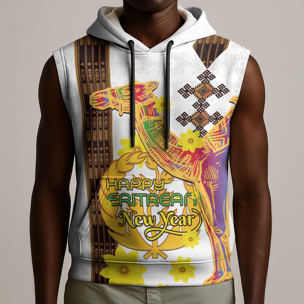 Melkam Enkutatash Eritrean Sleeveless Hoodie Camel With Habesha Tilet Pattern - African Pride
