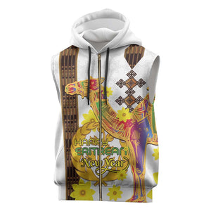 Melkam Enkutatash Eritrean Sleeveless Zip Hoodie Camel With Habesha Tilet Pattern - African Pride