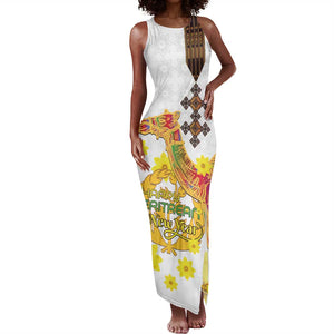 Melkam Enkutatash Eritrean Tank Maxi Dress Camel With Habesha Tilet Pattern - African Pride