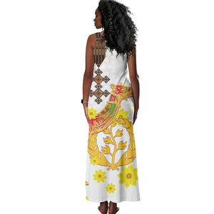 Melkam Enkutatash Eritrean Tank Maxi Dress Camel With Habesha Tilet Pattern - African Pride