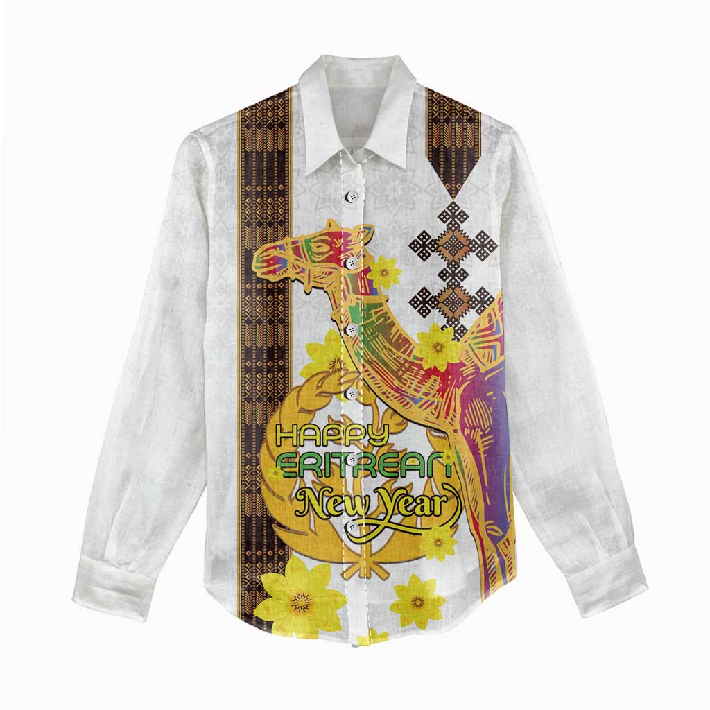 Melkam Enkutatash Eritrean Women Casual Shirt Camel With Habesha Tilet Pattern - African Pride