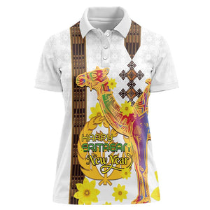 Melkam Enkutatash Eritrean Women Polo Shirt Camel With Habesha Tilet Pattern - African Pride