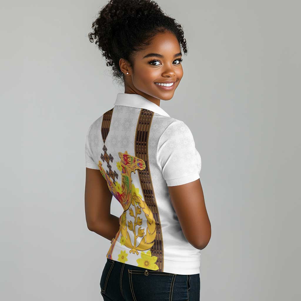 Melkam Enkutatash Eritrean Women Polo Shirt Camel With Habesha Tilet Pattern - African Pride