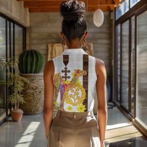 Melkam Enkutatash Eritrean Women Sleeveless Polo Shirt Camel With Habesha Tilet Pattern - African Pride