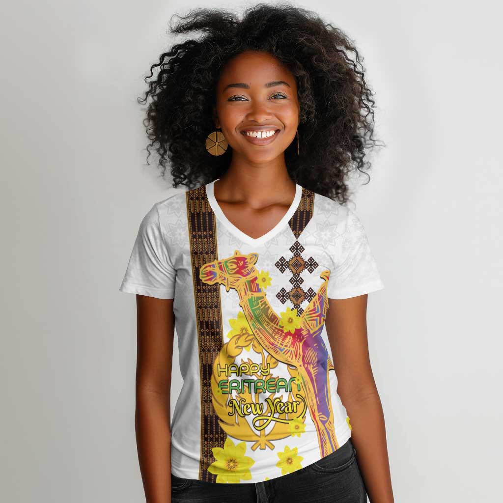 Melkam Enkutatash Eritrean Women V-Neck T-Shirt Camel With Habesha Tilet Pattern - African Pride