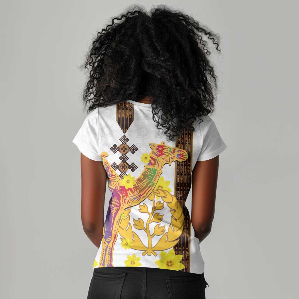 Melkam Enkutatash Eritrean Women V-Neck T-Shirt Camel With Habesha Tilet Pattern - African Pride