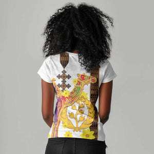 Melkam Enkutatash Eritrean Women V-Neck T-Shirt Camel With Habesha Tilet Pattern - African Pride
