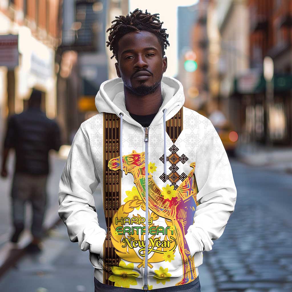 Melkam Enkutatash Eritrean Zip Hoodie Camel With Habesha Tilet Pattern - African Pride