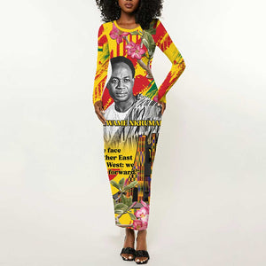 Personalized Ghana Kwame Nkrumah Memorial Day Long Sleeve Bodycon Dress Mausoleum Impala Lily - African Pride