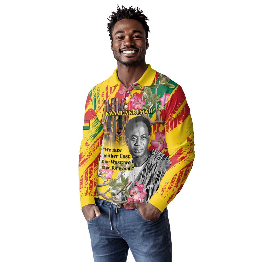 Personalized Ghana Kwame Nkrumah Memorial Day Long Sleeve Polo Shirt Mausoleum Impala Lily - African Pride