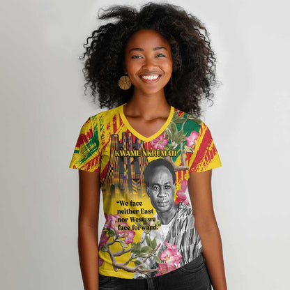Personalized Ghana Kwame Nkrumah Memorial Day Women V-Neck T-Shirt Mausoleum Impala Lily - African Pride