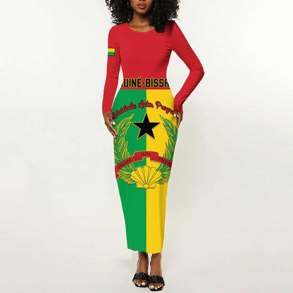 Personalized Guinea-Bissau Long Sleeve Bodycon Dress Basic Flag Style - African Pride