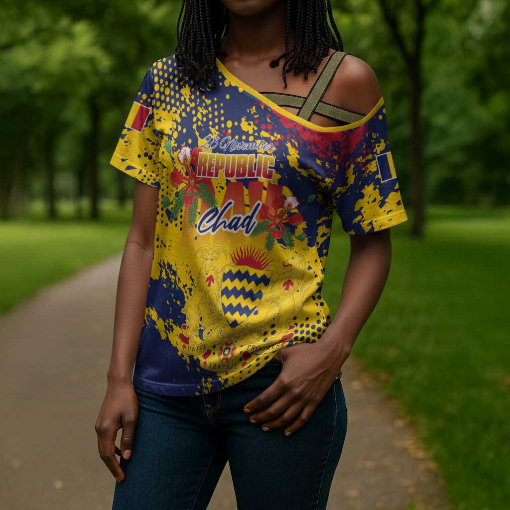 Personalized Chad Republic Day Cross Shoulder Shirt Coat Of Arms - Grunge Style
