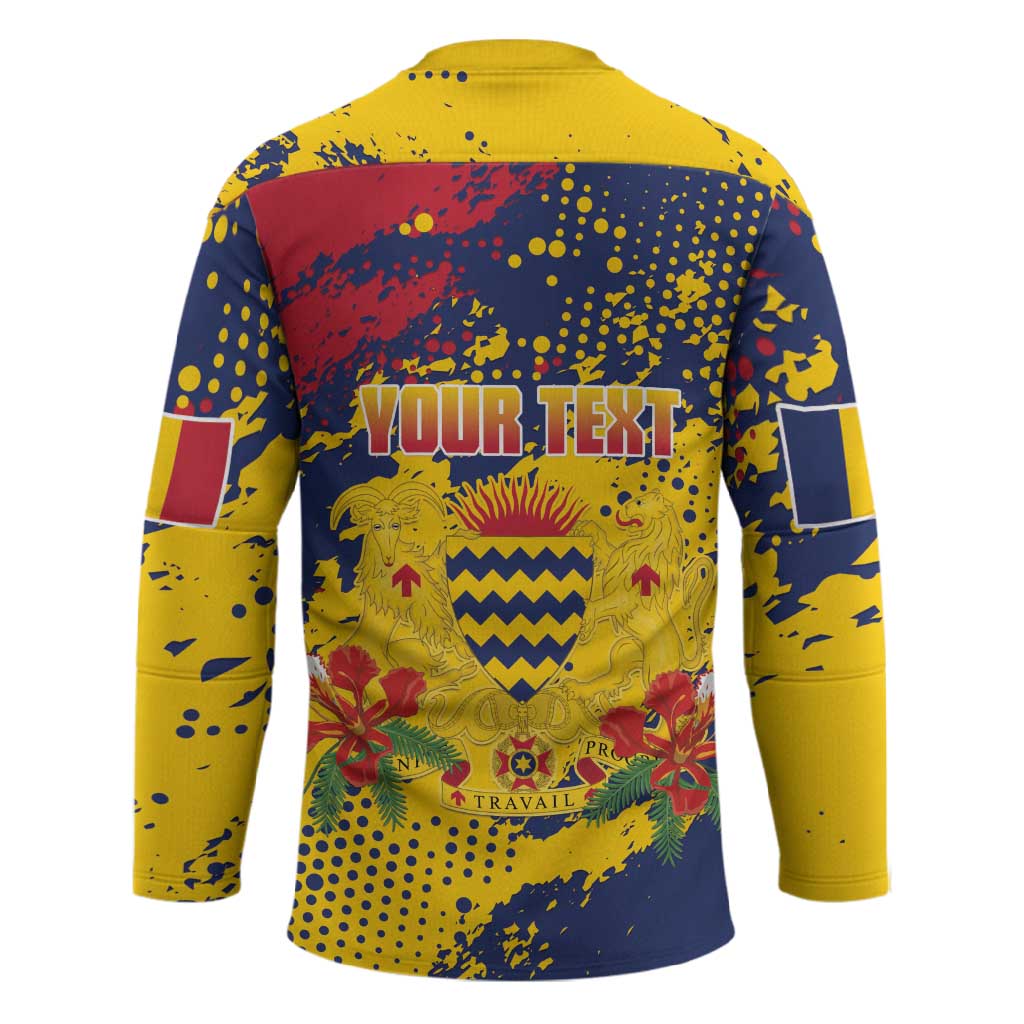 Personalized Chad Republic Day Hockey Jersey Coat Of Arms - Grunge Style