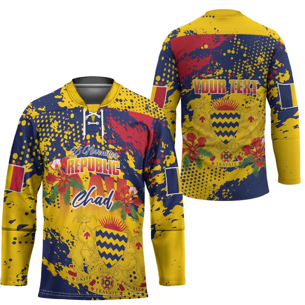 Personalized Chad Republic Day Hockey Jersey Coat Of Arms - Grunge Style