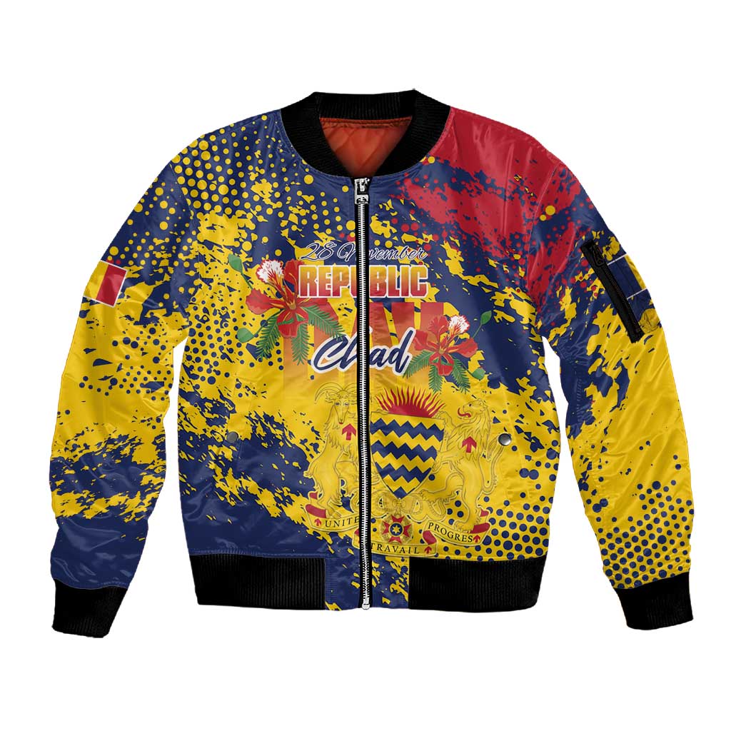 Afro TChad Personalized Sleeve Zip Bomber Jacket Happy Republic Day - African Pride