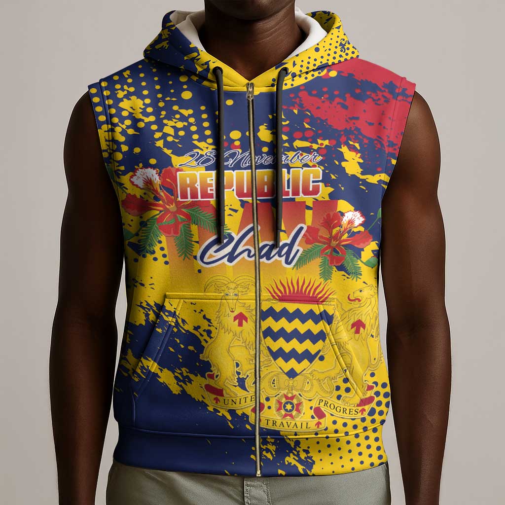 Afro TChad Personalized Sleeveless Zip Hoodie Happy Republic Day - African Pride