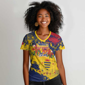 Afro TChad Personalized Women V-Neck T-Shirt Happy Republic Day - African Pride