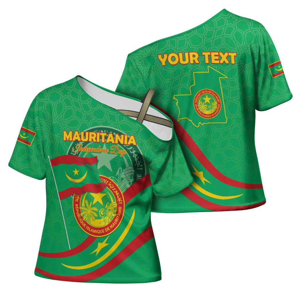 Personalized Mauritania Independence Day Cross Shoulder Shirt Coat Of Arms With Map