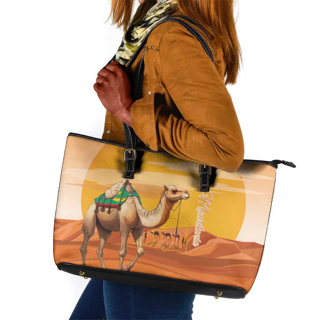 Mauritania Sahara Leather Tote Bag Camel With Map - African Pride