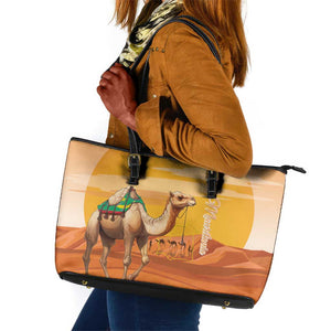 Mauritania Sahara Leather Tote Bag Camel With Map - African Pride