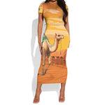 Mauritania Sahara Personalized Short Sleeve Bodycon Dress Camel With Map - African Pride
