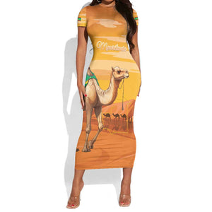 Mauritania Sahara Personalized Short Sleeve Bodycon Dress Camel With Map - African Pride