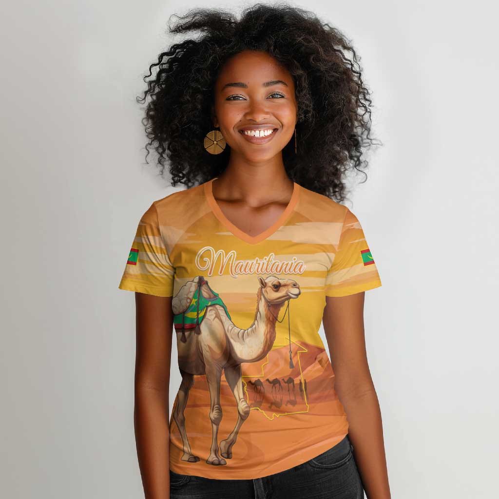 Mauritania Sahara Personalized Women V-Neck T-Shirt Camel With Map - African Pride