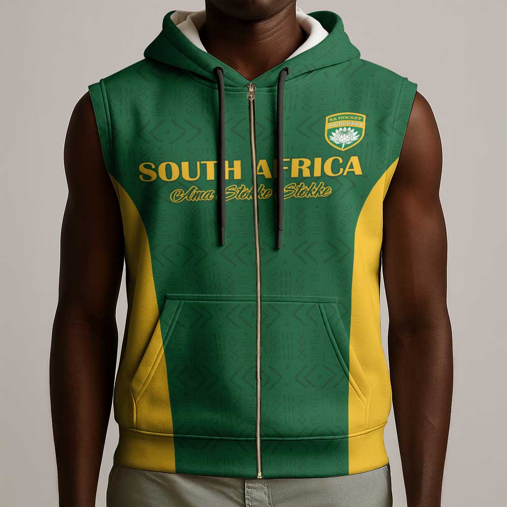 South Africa Hockey Custom Sleeveless Zip Hoodie Come On Ama Stokke Stokke - African Pride