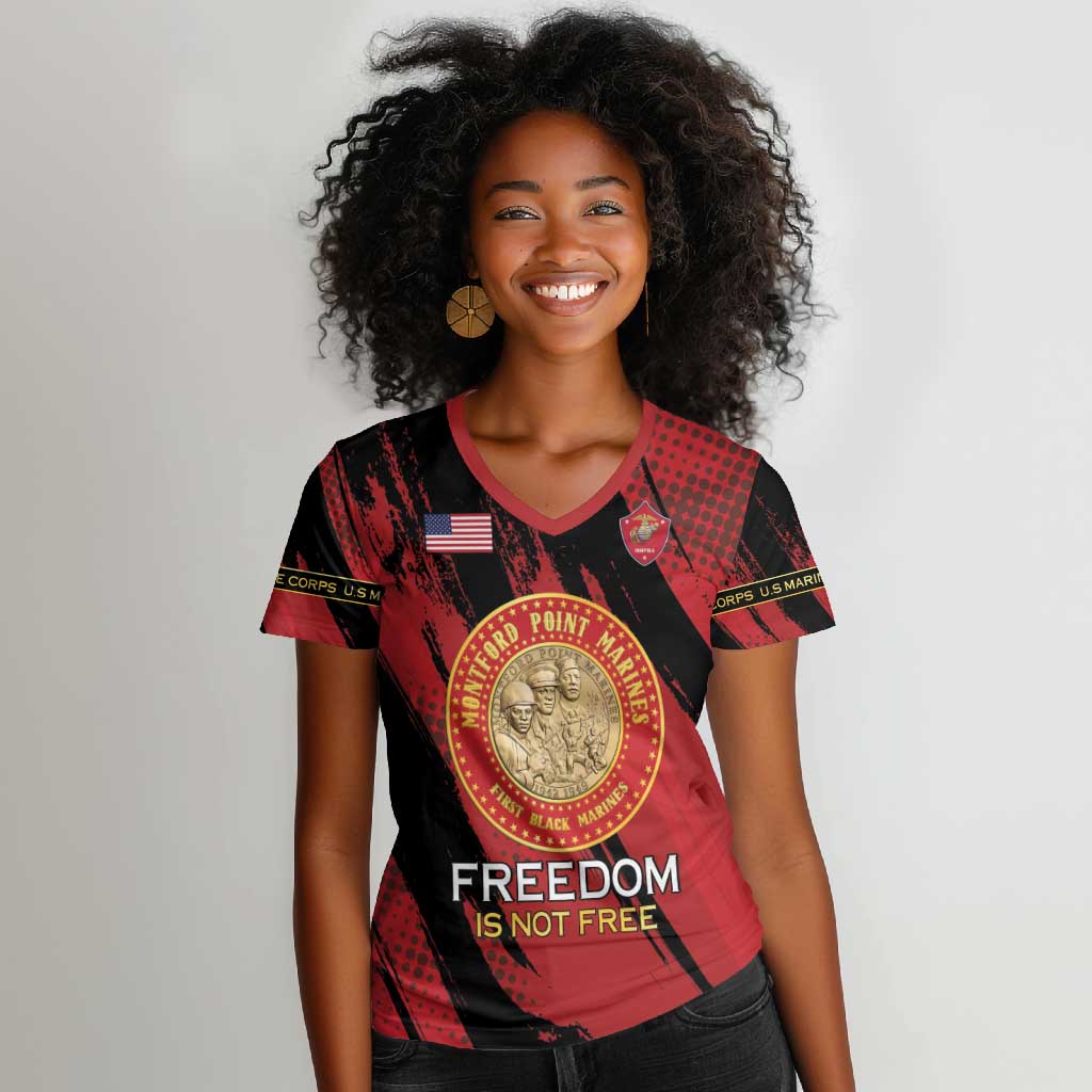 Personalized Honoring the First Black Marines Women V-Neck T-Shirt Montford Point Heroes - Red - African Pride
