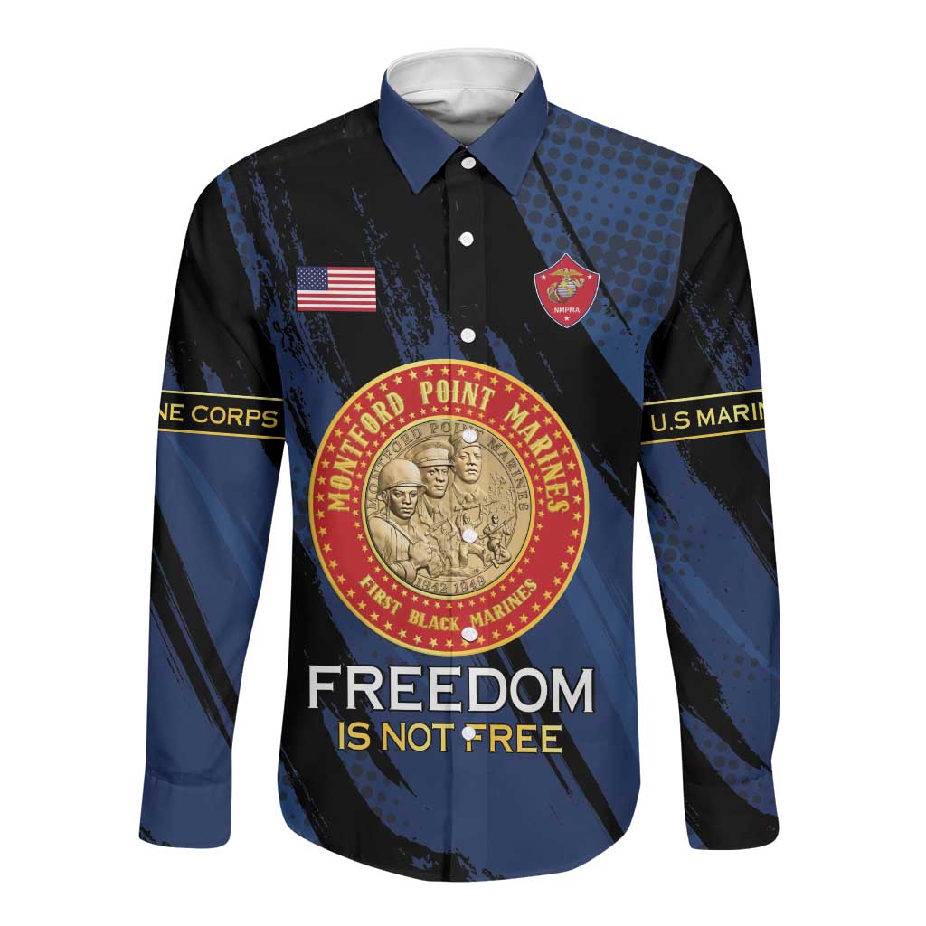 Personalized Honoring the First Black Marines Long Sleeve Button Shirt Montford Point Heroes - Blue - African Pride
