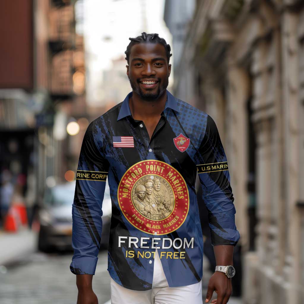 Personalized Honoring the First Black Marines Long Sleeve Button Shirt Montford Point Heroes - Blue - African Pride