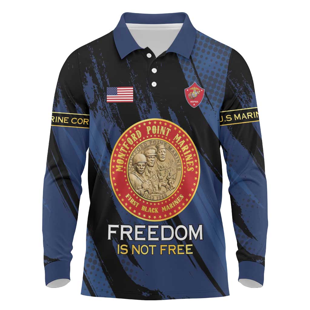Personalized Honoring the First Black Marines Long Sleeve Polo Shirt Montford Point Heroes - Blue - African Pride