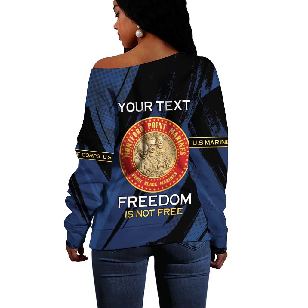 Personalized Honoring the First Black Marines Off Shoulder Sweater Montford Point Heroes - Blue - African Pride
