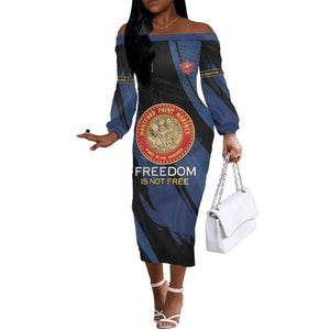 Personalized Honoring the First Black Marines Off The Shoulder Long Sleeve Dress Montford Point Heroes - Blue - African Pride