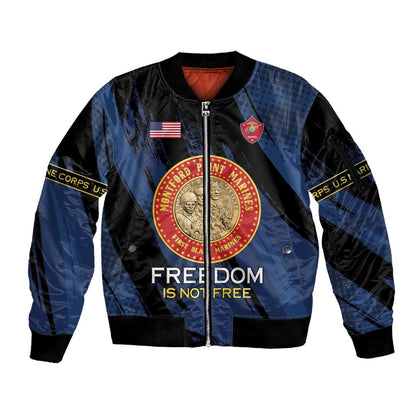 Personalized Honoring the First Black Marines Sleeve Zip Bomber Jacket Montford Point Heroes - Blue - African Pride