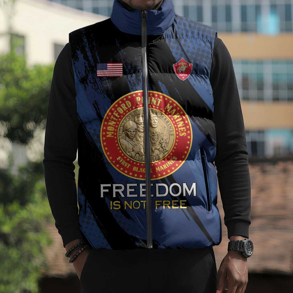 Personalized Proud to Honor Montford Point Marines Sleeveless Puffer Jacket Freedom Is Not Free - Blue