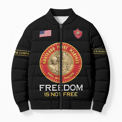 Personalized Proud to Honor Montford Point Marines Bomber Puffer Jacket Freedom Is Not Free - Black